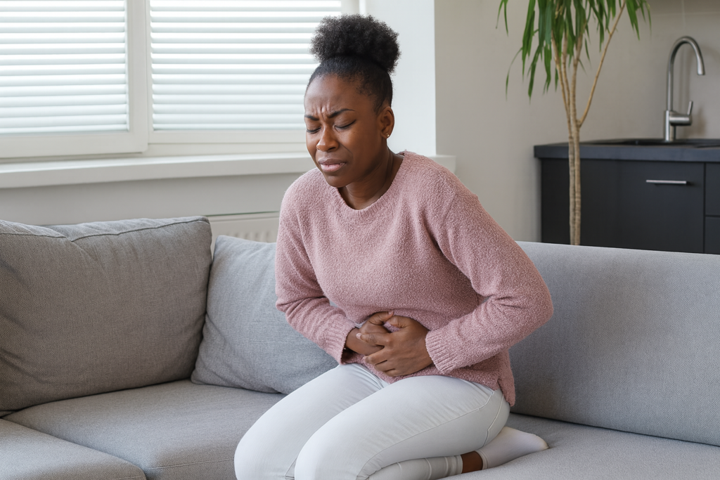Mujer con dolor pélvico sentada en el sofá, posible síntoma de suelo pélvico debilitado