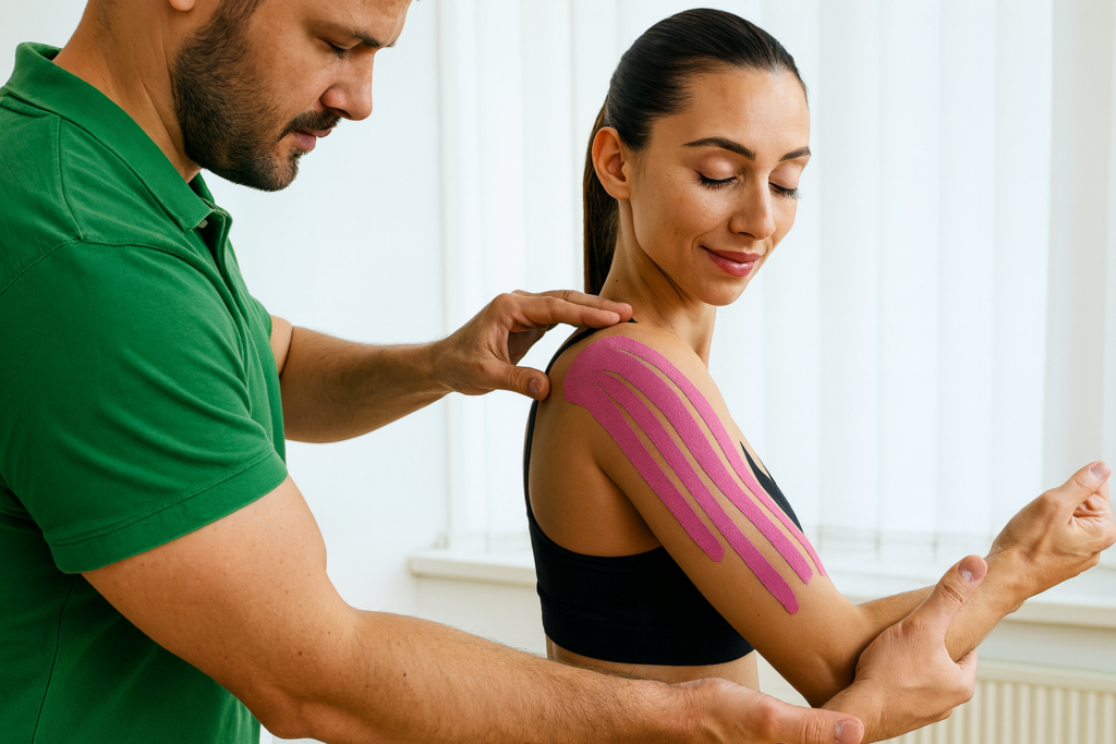 Profesional de fisioterapia deportiva asistiendo a paciente durante un estiramiento de pierna en sala de entrenamiento